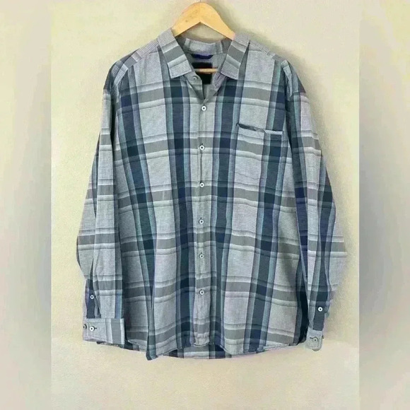 Tommy Bahama Blue Gray Plaid Silk Blend Button Down Long Sleeve Shirt Mens XXL - Picture 1 of 13
